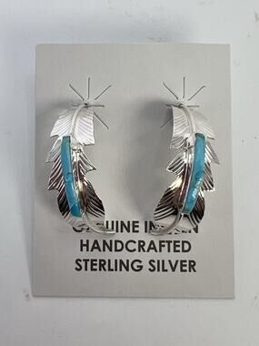 New Navajo Allen Barney Sterling Silver Turquoise 1/2 Hoop Earrings Signed 925